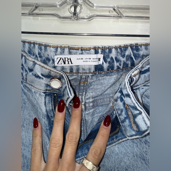 Zara Blue Denim Straight Leg Distressed High Rise Cropped Jeans - Picture 5 of 7